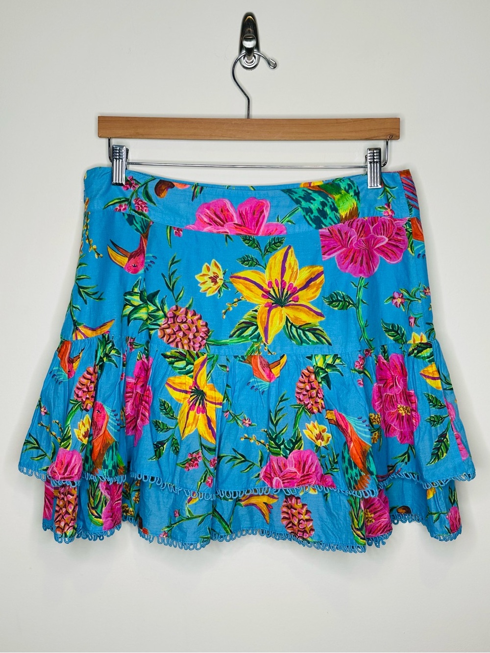 Farm Rio Blue Toucans Floral Tiered Mini Skirt Size Large Garden Tropical Summer - Picture 8 of 14